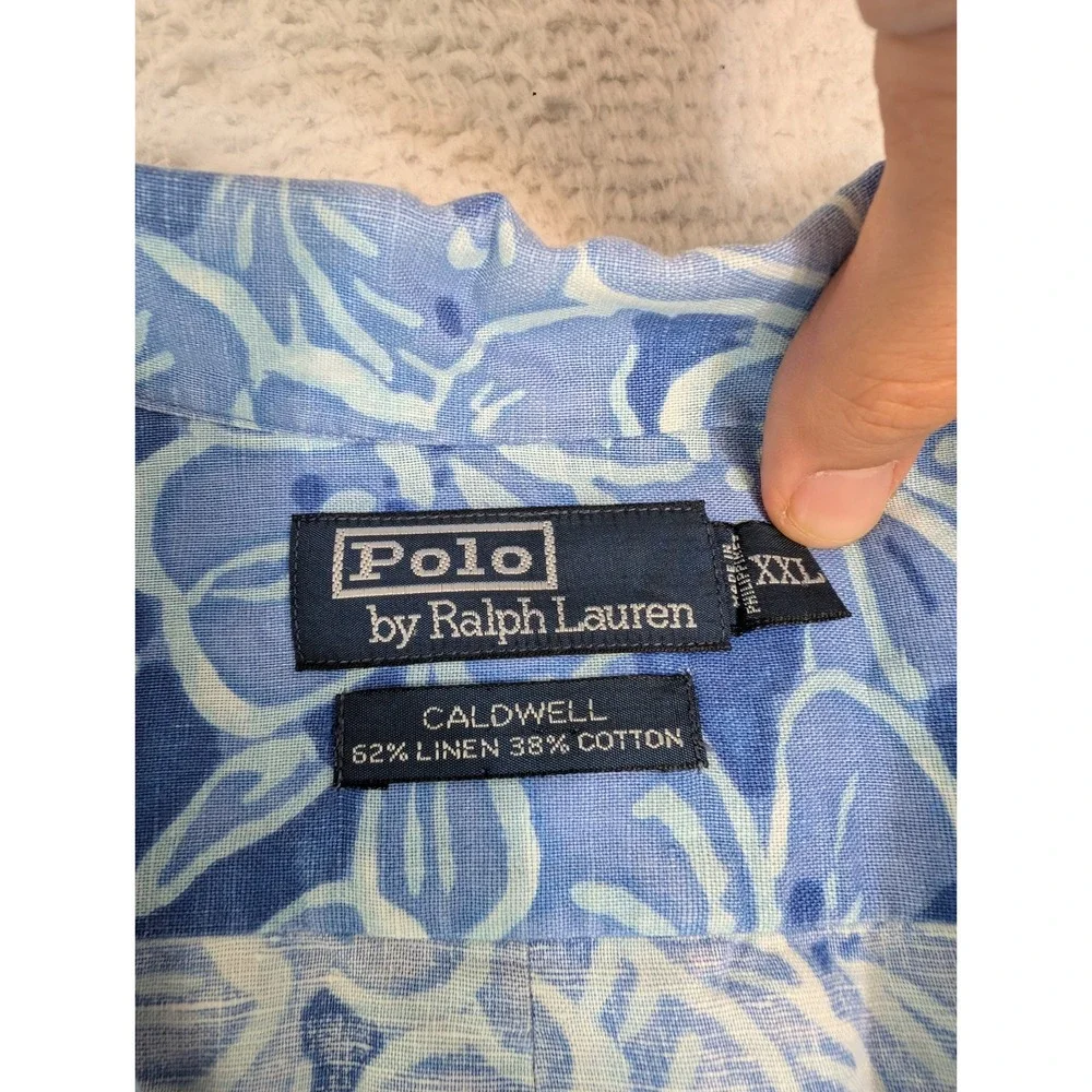 Vintage Polo Ralph Lauren Men's 2XL Linen Aloha Hawaiian Loop Floral Shirt‎ Blue